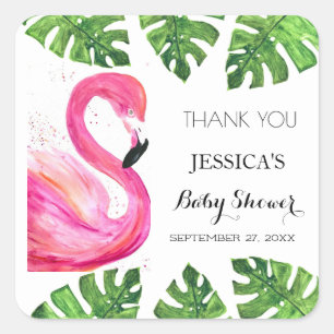 Flamingo Tropical Leaves Baby shower Party Favor Vierkante Sticker