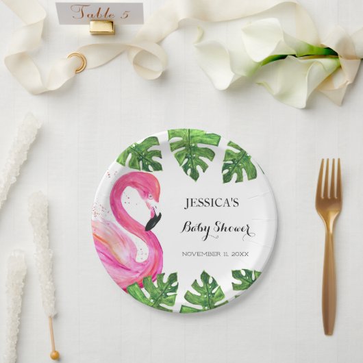 Flamingo Tropical Leaves Baby shower Party Papieren Bordje (Huwelijk)