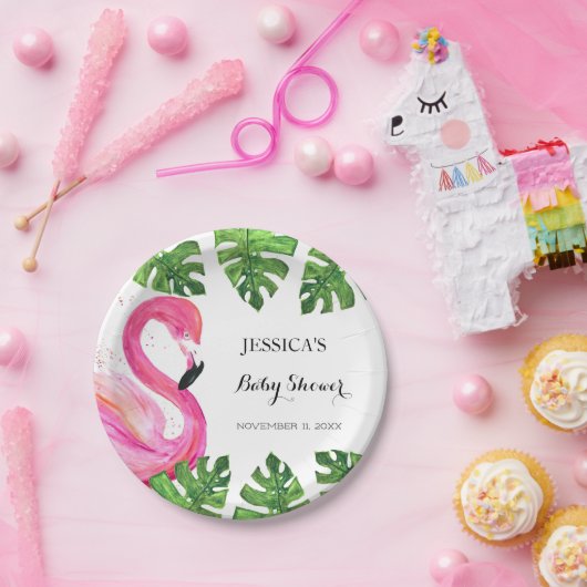Flamingo Tropical Leaves Baby shower Party Papieren Bordje (Feest)