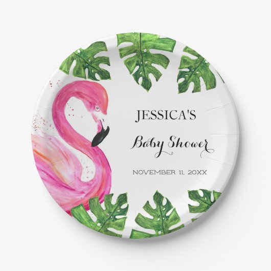 Flamingo Tropical Leaves Baby shower Party Papieren Bordje (Voorkant)