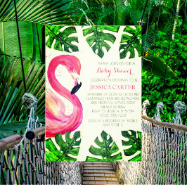Flamingo Tropical Leaves Baby shower roze meisje Kaart