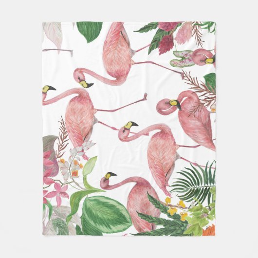 Flamingo Tropical Leaves Waterverf Fleece Deken (Voorkant)