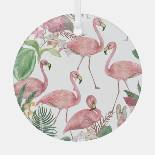 Flamingo Tropical Leaves Waterverf Glas Ornament (Voorkant)