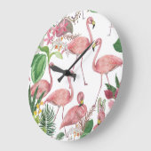 Flamingo Tropical Leaves Waterverf Grote Klok (Hoek)
