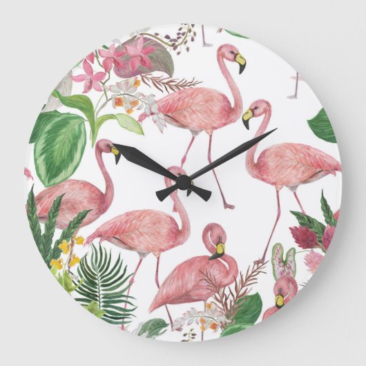 Flamingo Tropical Leaves Waterverf Grote Klok (Voorkant)