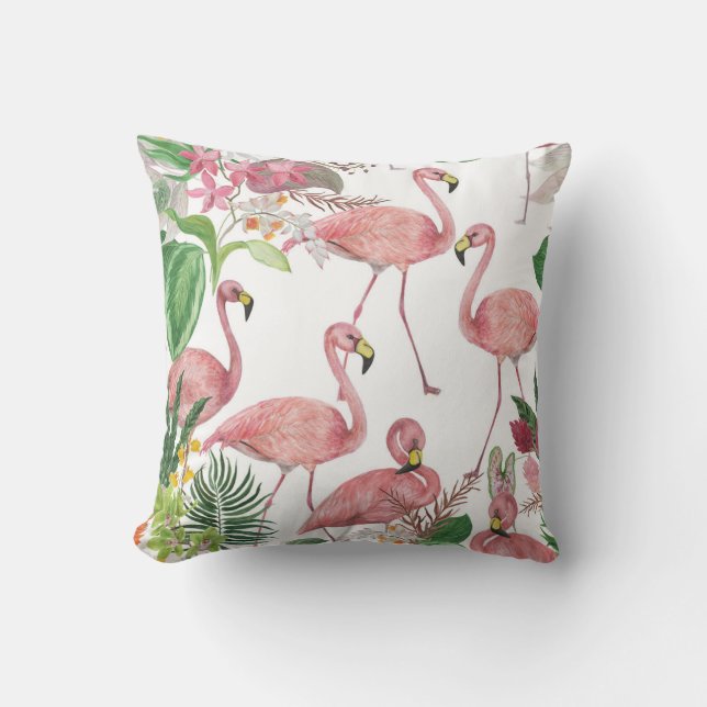 Flamingo Tropical Leaves Waterverf Kussen (Voorkant)