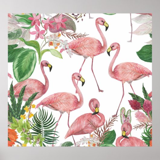 Flamingo Tropical Leaves Waterverf Poster (Voorkant)