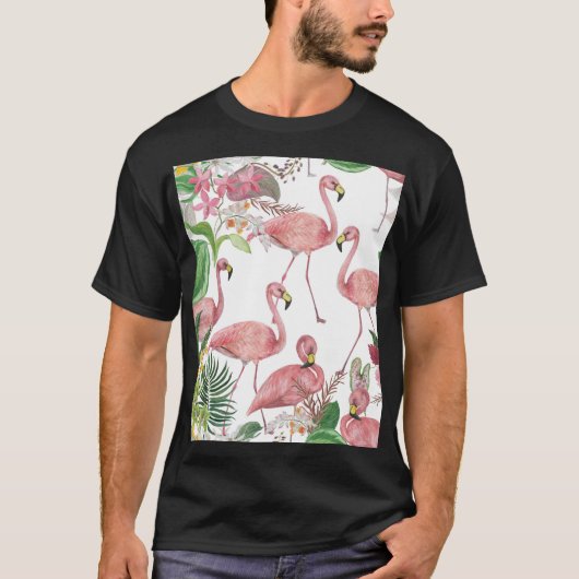 Flamingo Tropical Leaves Waterverf T-shirt (Voorkant)