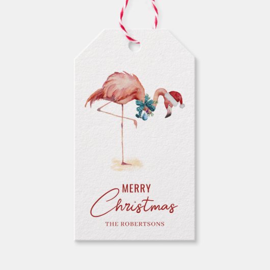 Flamingo Tropical Merry Christmas Cadeaulabel (Voorkant)