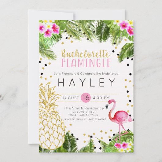 Flamingo Tropical Pineapple Bachelorette Invite Kaart (Voorkant)