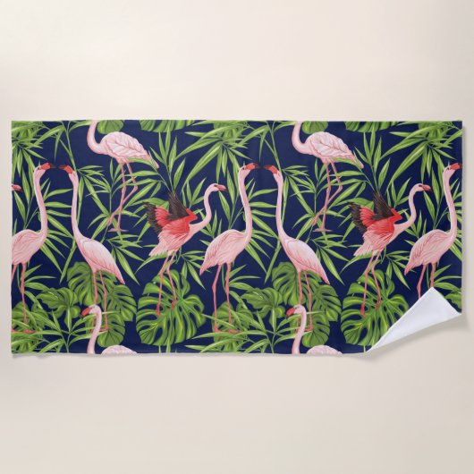 Flamingo Tropical Planten op Deep Blue Background Strandlaken (Voorkant)