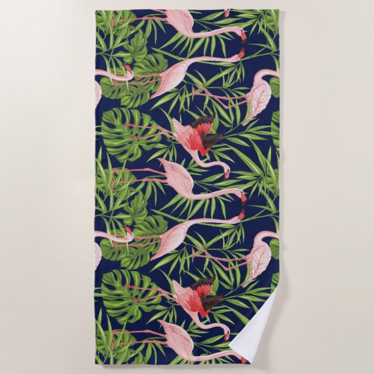 Flamingo Tropical Planten op Deep Blue Background Strandlaken (Voorkant)