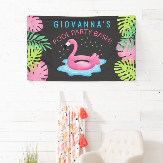 Flamingo Tropical Pool Party Bash Birthday Banner (Insitu)