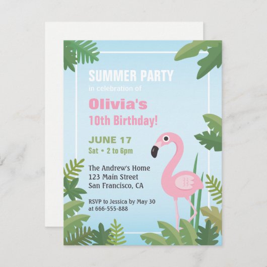 Flamingo Tropical Summer Birthday Party Invitation Kaart (Voorkant / Achterkant)