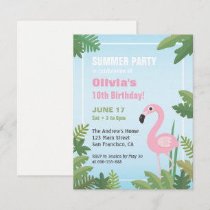 Flamingo Tropical Summer Birthday Party Invitation Kaart