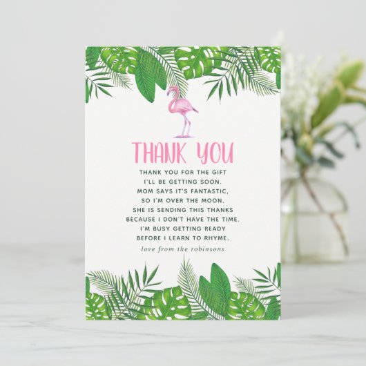 Flamingo Tropical Waterverf Baby shower Dank u Bedankkaart (Staand voorkant)