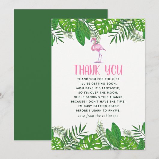Flamingo Tropical Waterverf Baby shower Dank u Bedankkaart (Voorkant / Achterkant)