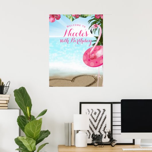 Flamingo Tropics Hibiscus Pink Chic Party Banner Poster (Thuiskantoor)