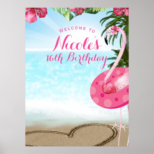 Flamingo Tropics Hibiscus Pink Chic Party Banner Poster (Voorkant)