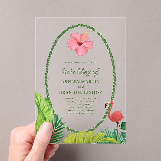 Flamingo Tropics Retro Wedding Acrylic Invitation Acryl Uitnodigingen (Insitu (Draagbaar))