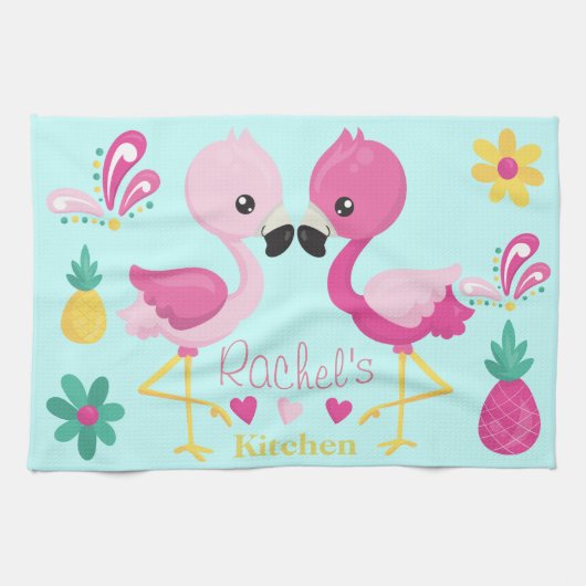 Flamingo Tropisch blauw en roze Theedoek (Horizontaal)