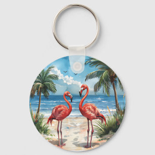 Flamingo Tropisch Eiland Sleutelhanger Strand Palm