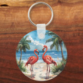 Flamingo Tropisch Eiland Sleutelhanger Strand Palm (Voorkant)