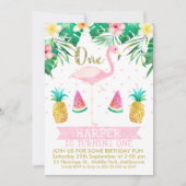 Flamingo Tropisch Fruit Eerste Verjaardag Uitnodig Kaart (Voorkant)