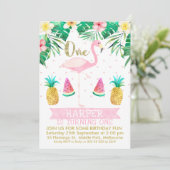 Flamingo Tropisch Fruit Eerste Verjaardag Uitnodig Kaart (Staand voorkant)