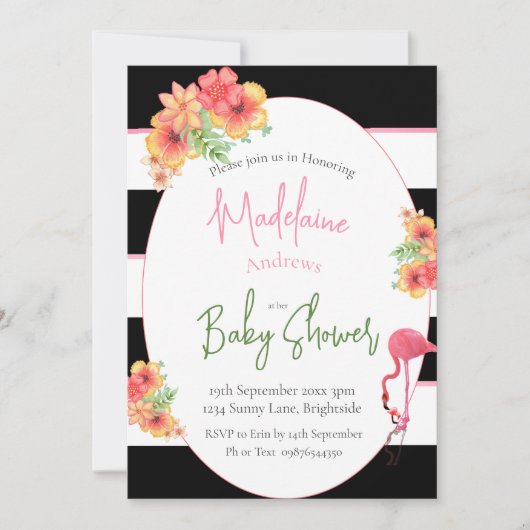 Flamingo Tropisch Roze Zwart Streep Baby shower Kaart (Voorkant)
