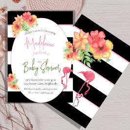 Flamingo Tropisch Roze Zwart Streep Baby shower Kaart