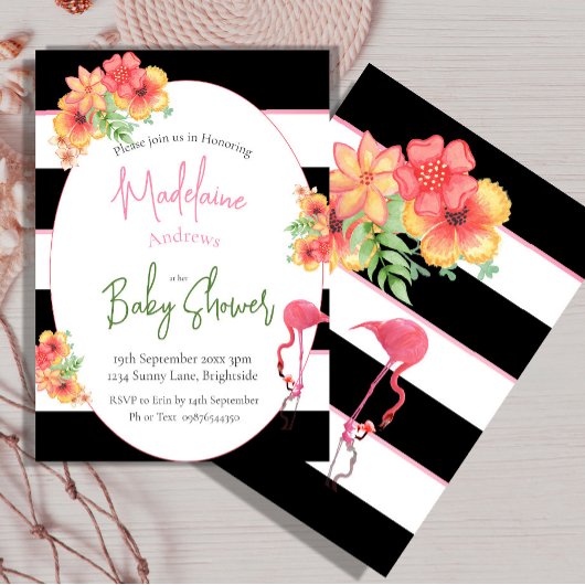 Flamingo Tropisch Roze Zwart Streep Baby shower Kaart