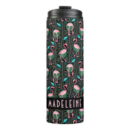Flamingo Tropisch Schattige Zwart Roze Patroon Aan Thermosbeker (Voorkant)