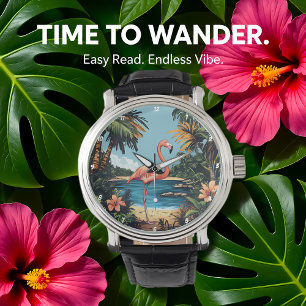 Flamingo Tropisch Strand Muur Kunst Horloge