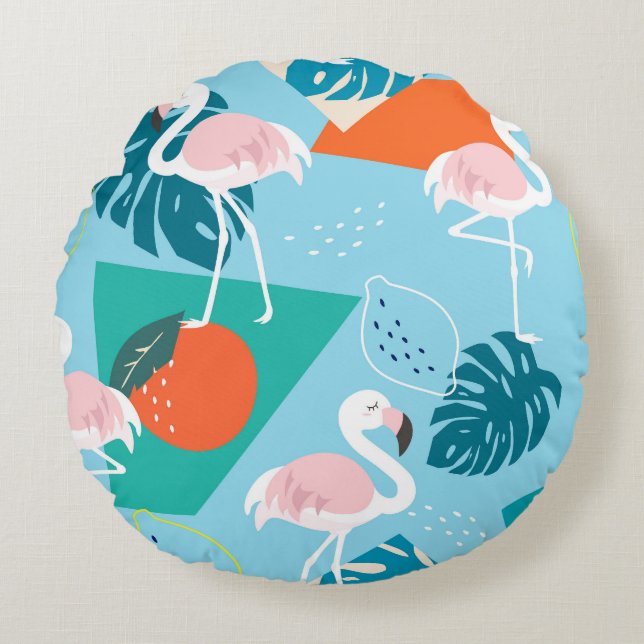 Flamingo Tropisch, Trendy  Patroon. Rond Kussen (Voorkant)