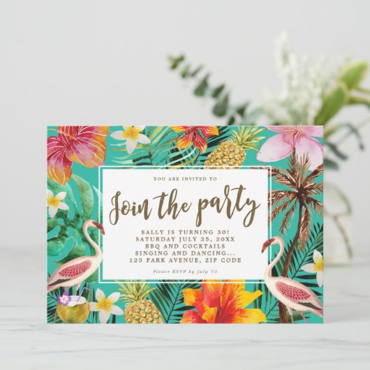 flamingo tropisch Verjaardagsfeest BBQ uitnodiging (Staand voorkant)
