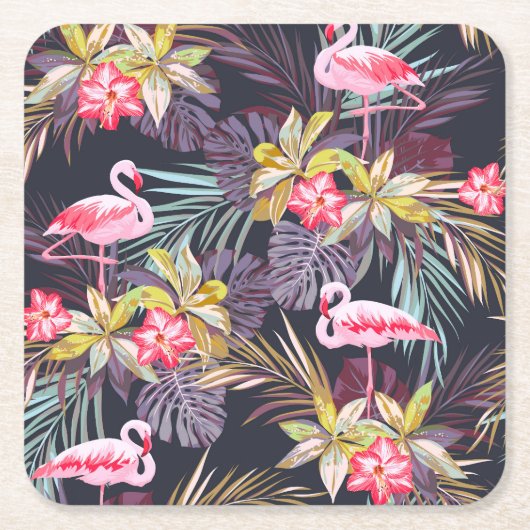Flamingo Tropisch: Zomer Naadloos Patroon Kartonnen Onderzetters (Voorkant)