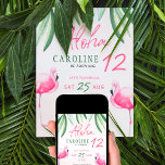 Flamingo tropische Aloha kinderen verjaardagsfeest Kaart<br><div class="desc">Leuke magenta roze waterverf flamingo en groene tropische bladeren kids verjaardagsfeestuitnodiging met Aloha handgeschreven script.                    Geschikt voor meisjes tropische flamingle Hawaiian luau thema,  zomerstrand,  zwembad,  of door het zee verjaardagsfeestjes.</div>