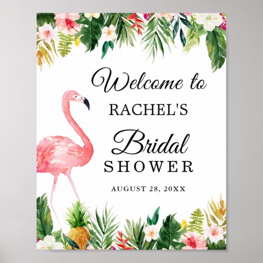 Flamingo Tropische Bladeren Bloem Bruiloft Borrel Poster (Voorkant)