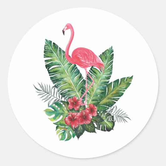Flamingo tropische bladeren ronde sticker (Voorkant)