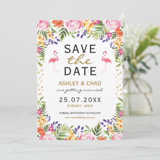 Flamingo Tropische Bloem Bruiloft Save The Date (Staand voorkant)