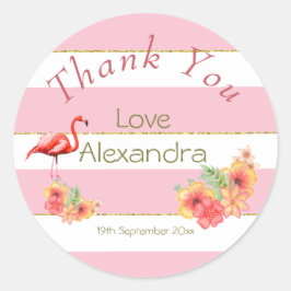 Flamingo Tropische Bloemen Roze Streep Baby shower Ronde Sticker