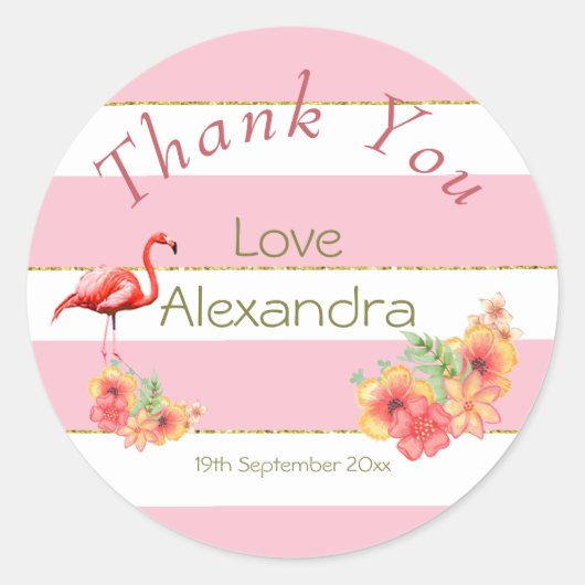 Flamingo Tropische Bloemen Roze Streep Baby shower Ronde Sticker (Voorkant)