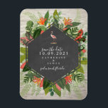 Flamingo Tropische Botanische Baksteen Bruiloft Magneet<br><div class="desc">Een bruiloft bewaart de datummagneet met een tropisch botanisch ontwerp met een krijtbord geometrisch ontwerp over een witte bakstenen achtergrond. Flamingo illustratie boven tekst.</div>