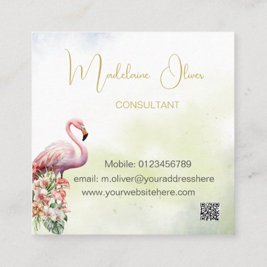 Flamingo Tropische Botanische Zwarte Bloemist QR Vierkante Visitekaartje (Achterkant)