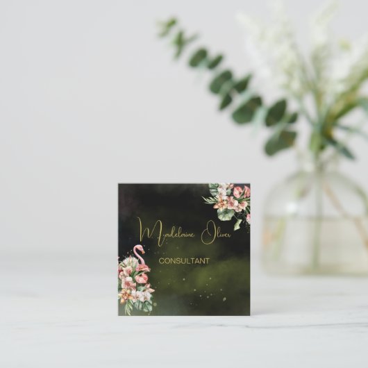 Flamingo Tropische Botanische Zwarte Bloemist QR Vierkante Visitekaartje (Staand voorkant)