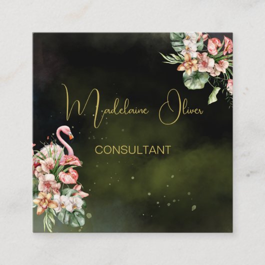 Flamingo Tropische Botanische Zwarte Bloemist QR Vierkante Visitekaartje (Voorkant)