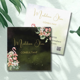 Flamingo Tropische Botanische Zwarte Bloemist QR Vierkante Visitekaartje