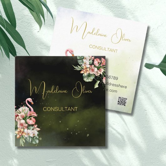 Flamingo Tropische Botanische Zwarte Bloemist QR Vierkante Visitekaartje