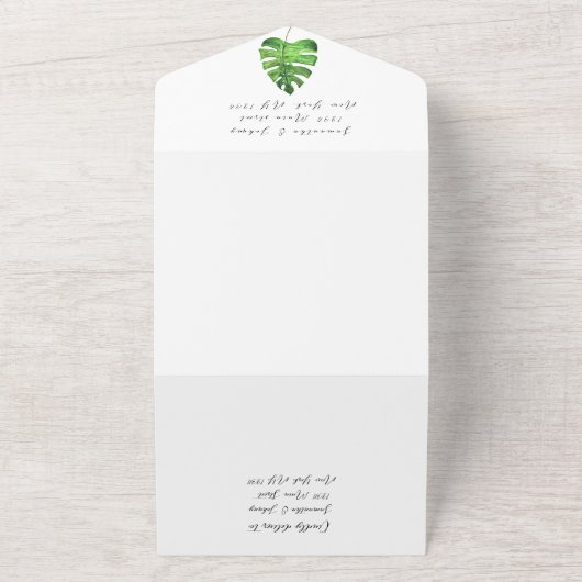 Flamingo Tropische Hawaiiaanse bladeren bloemenbru All In One Uitnodiging (Buitenkant)